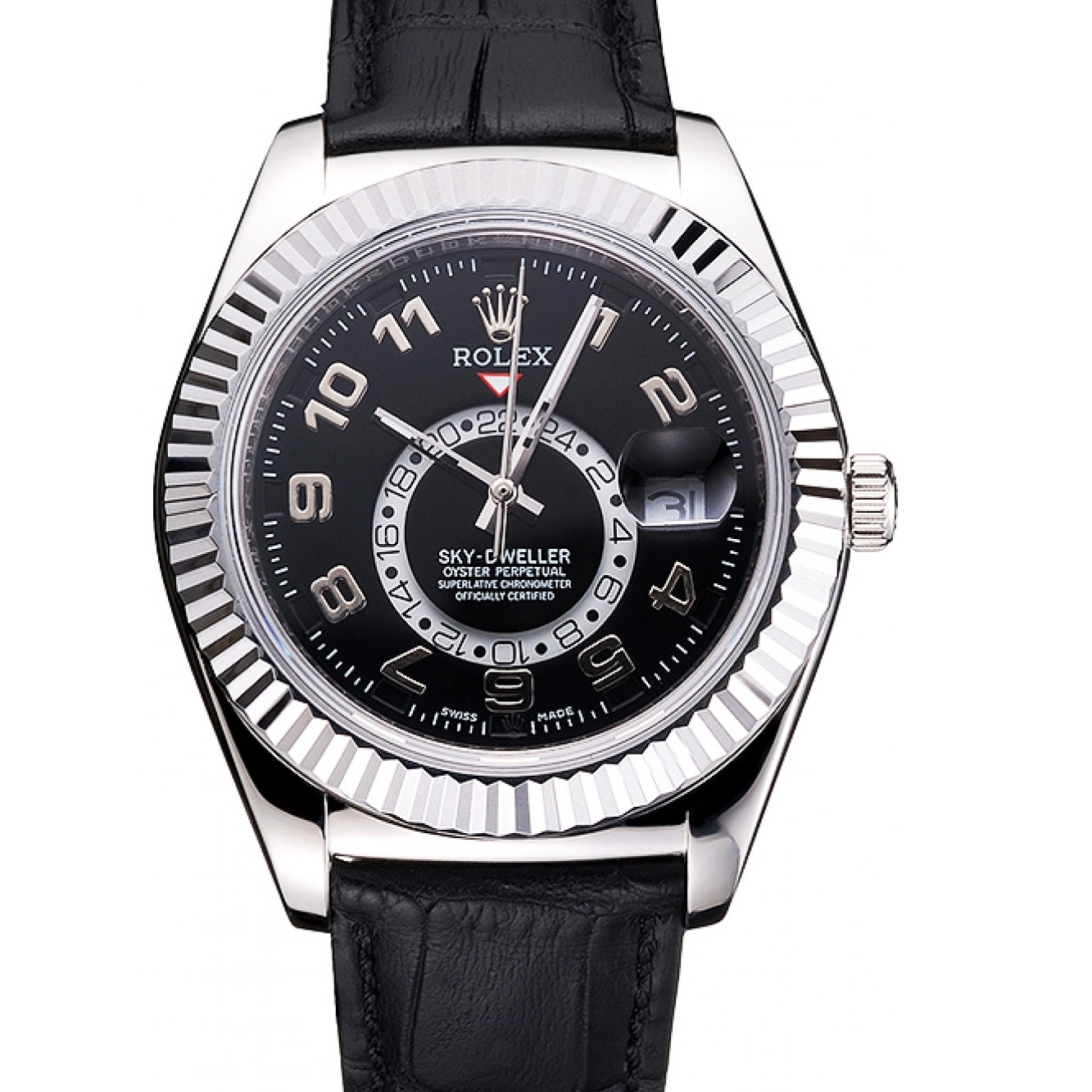 Aaa replica watch Dial Dweller Steel Black Leather Black Rolex Strap Stainless Sky Case 0729